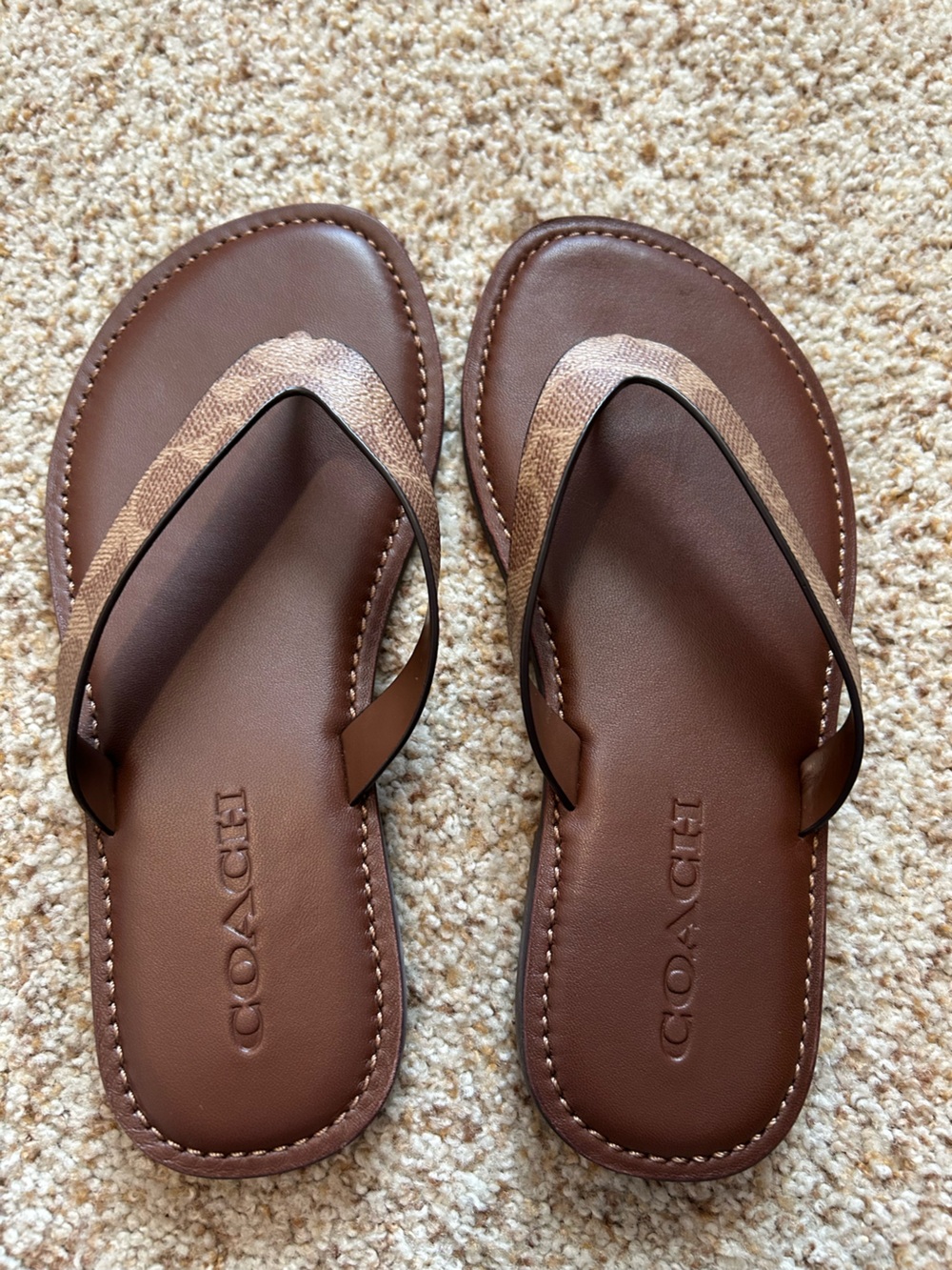 Coach Brown Leather Logo-Trim Flip Flop Sandals